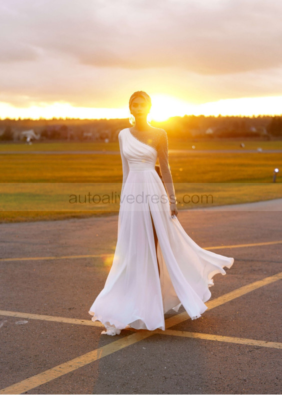 Long Sleeves Beaded White Chiffon Tulle Slit Wedding Dress Long Sleeves Beaded White Chiffon Tulle Slit Wedding Dress